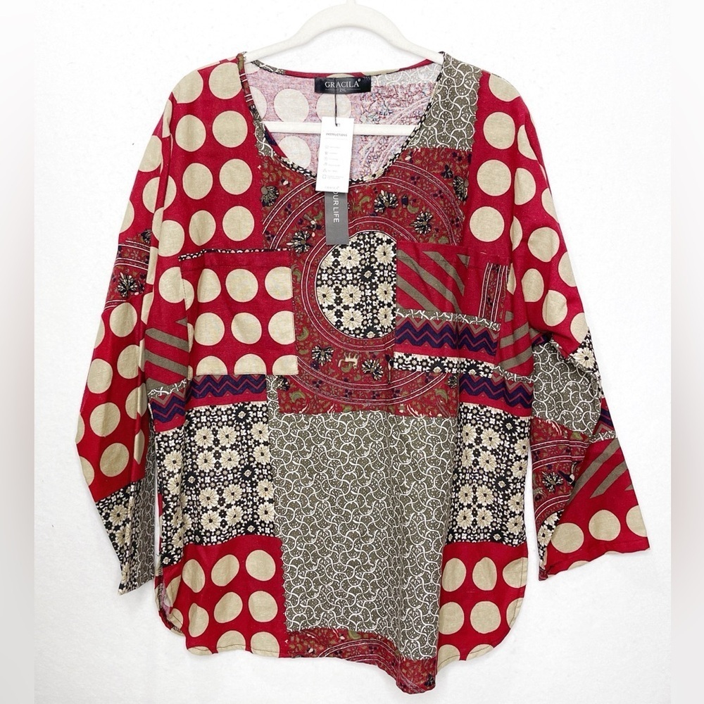 Gracila Bohemian Cotton Patchwork 100% Cotton Blouse NWT Size 2X